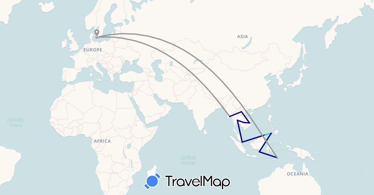 TravelMap itinerary: driving, plane, boat in Denmark, Indonesia, Cambodia, Laos, Myanmar (Burma), Malaysia, Philippines, Singapore, Thailand, East Timor, Vietnam (Asia, Europe)
